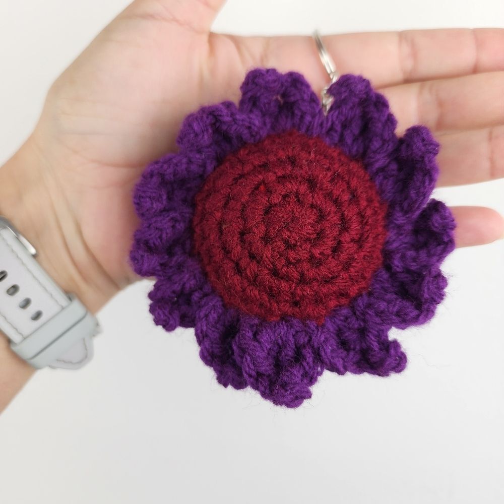 New Crochet Stuffed Flower Keychain Burgundy Purple Handmade Handcrafted